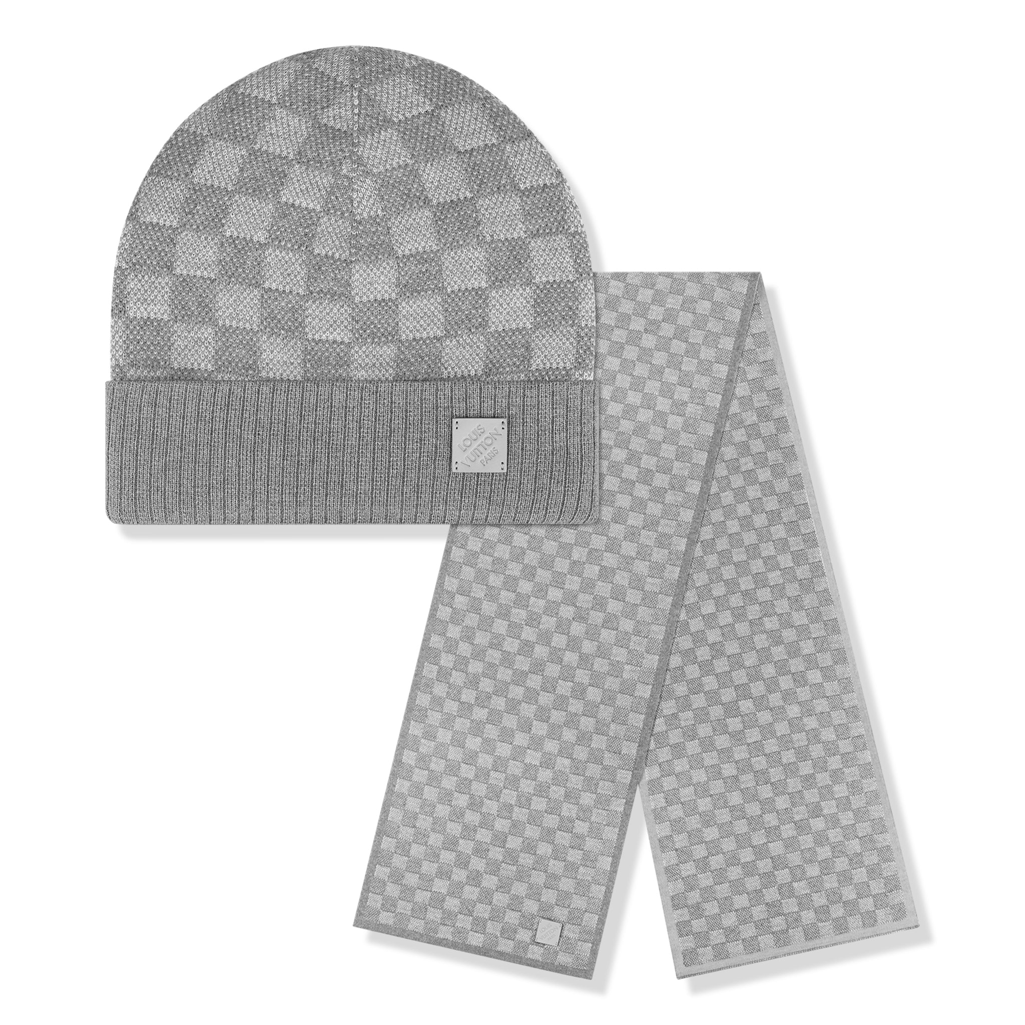 Front view of Louis Vuitton Néo Petit Damier Grey Beanie & Scarf NVPROD3920087V